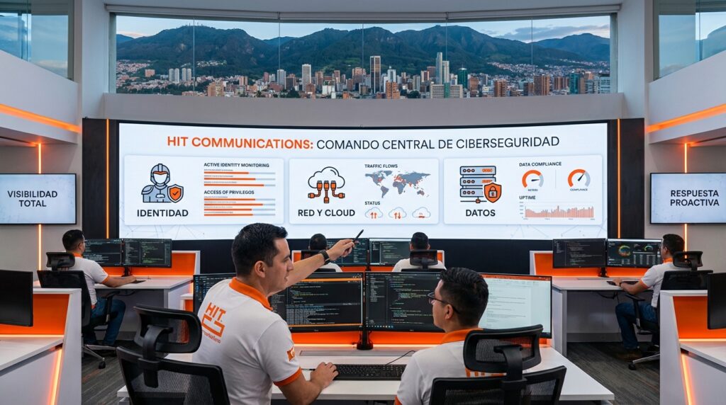 Fotografía ultrarealista de un Centro de Operaciones de Seguridad (SOC) moderno en Bogotá, donde técnicos y consultores de HIT Communications gestionan monitoreo, detección y respuesta. La gran pared de video en blanco y naranja #FC5700 detalla servicios de discovery, hardening, consultoría y reporting para líderes corporativos, demostrando la madurez operativa que buscan las empresas de seguridad informática líderes. empresa de seguridad informatica