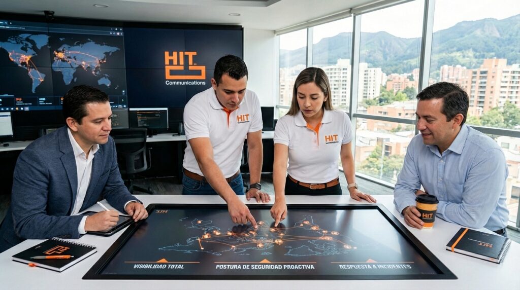 Fotografía ultrarealista de expertos de HIT Communications en un moderno SOC en Bogotá, colaborando con un equipo de TI cliente. Con un esquema de color blanco y naranja (#FC5700), la imagen destaca la visualización de red proactiva, visibilidad total y respuesta integral ante incidentes para empresas de seguridad informática líderes en Colombia. empresa de seguridad informatica