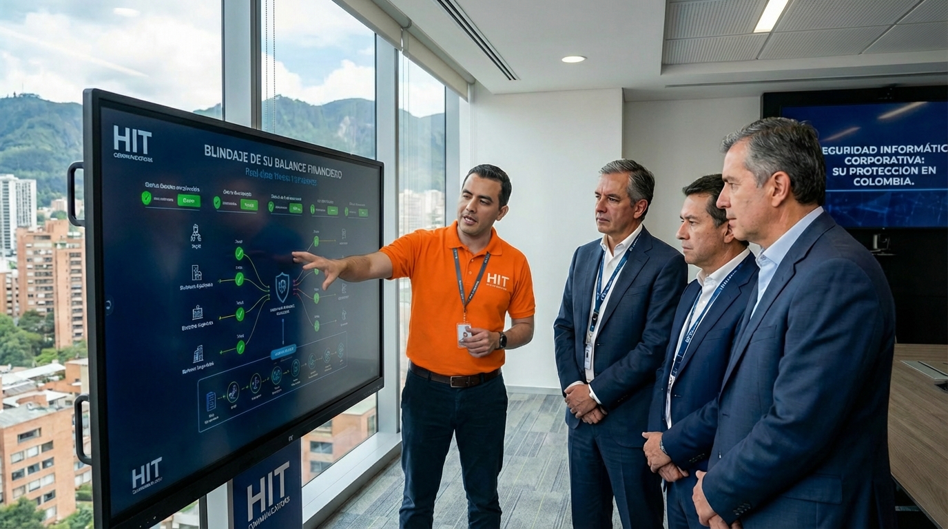 Un experto de HIT Communications, vistiendo un polo corporativo naranja, presenta una estrategia de "Blindaje de su Balance Financiero" a tres ejecutivos en una oficina moderna en Bogotá. La imagen destaca la visibilidad total y la protección proactiva que caracteriza a las mejores empresas de seguridad informática, con el paisaje urbano colombiano de fondo. empresa de seguridad informatica integral