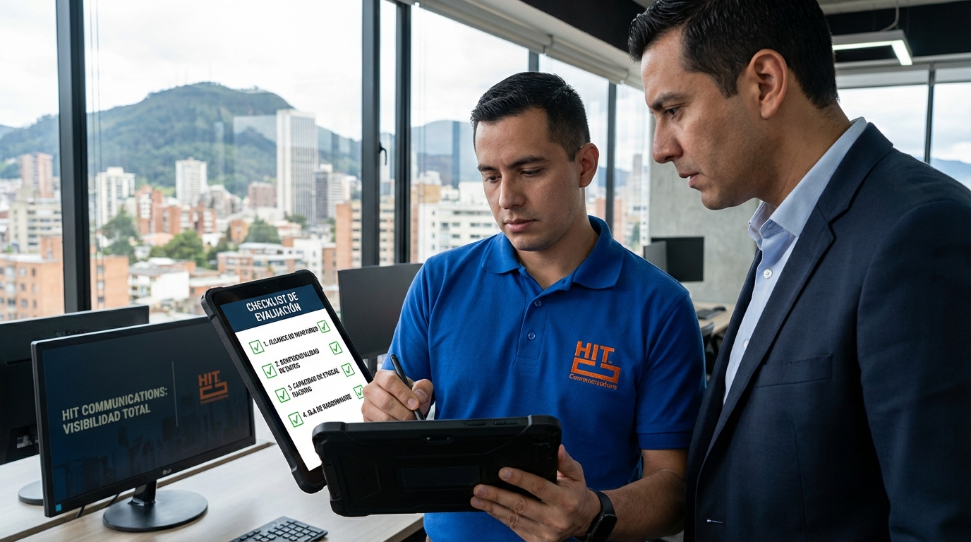 Edificios corporativos en el centro financiero de Bogotá, Colombia, contrastando la necesidad de un internet corporativo estable frente a los riesgos de las conexiones residenciales en los negocios.