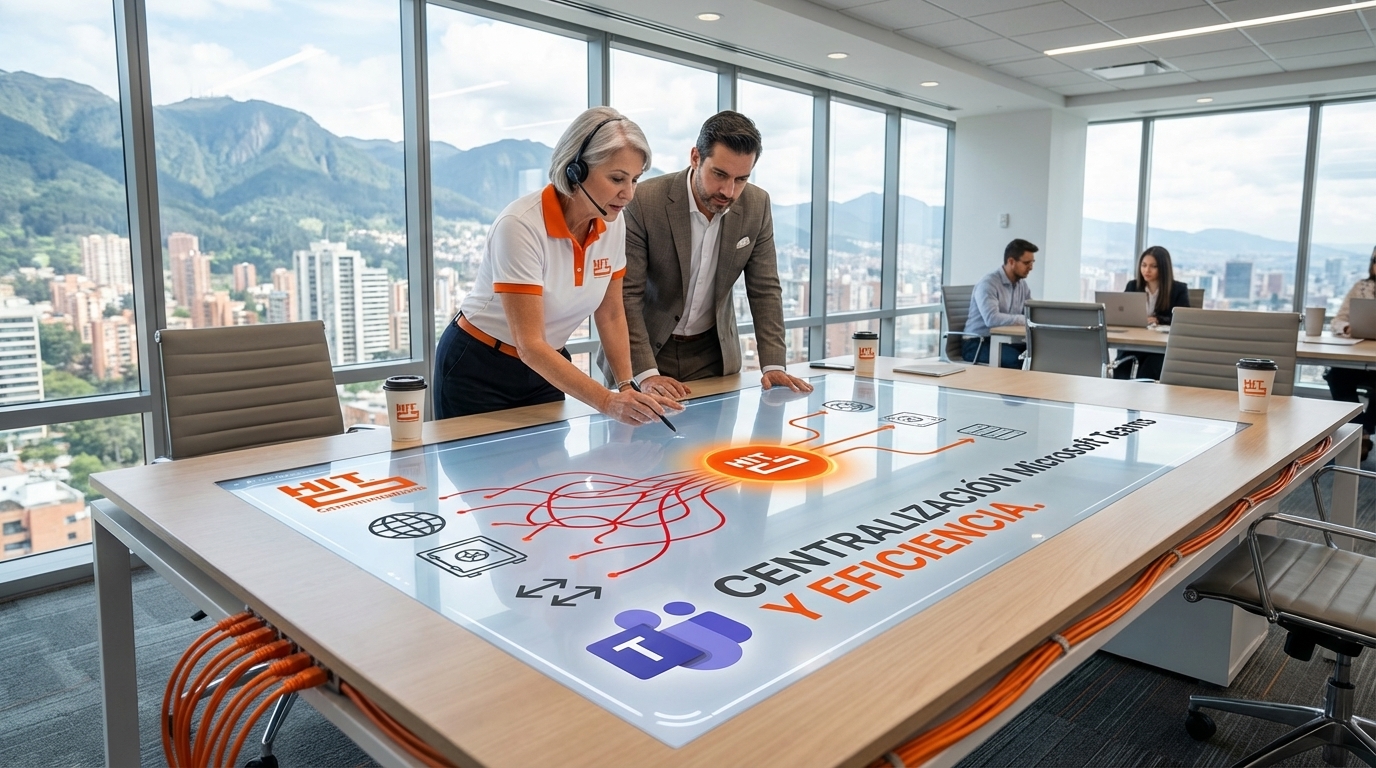 Una fotografía ultrarealista en un laboratorio de innovación moderno en Bogotá, donde un experto de HIT Communications y un líder corporativo colaboran sobre un gran monitor curvo transparente. La pantalla, en blanco y naranja #FC5700, visualiza la transformación de la fragmentación telefónica en una infraestructura centralizada y eficiente, destacando cómo el control y la agilidad diferencian a las mejores empresas de seguridad informática en Colombia. Los logos de HIT y Microsoft Teams son claramente visibles.