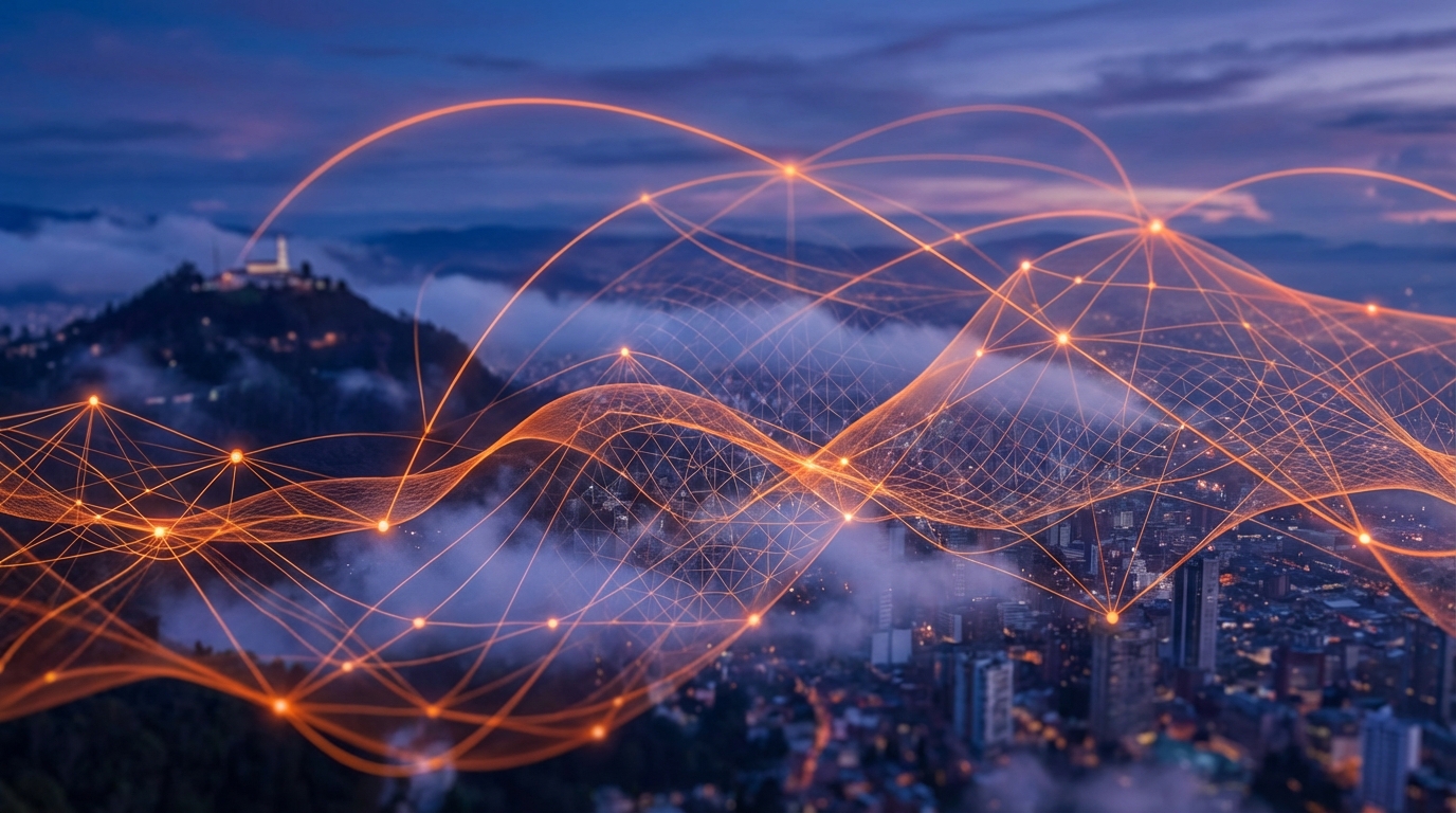 Vista nocturna tecnológica de la ciudad de Bogotá, Colombia, reflejando el blindaje digital y la conectividad empresarial de alta velocidad.