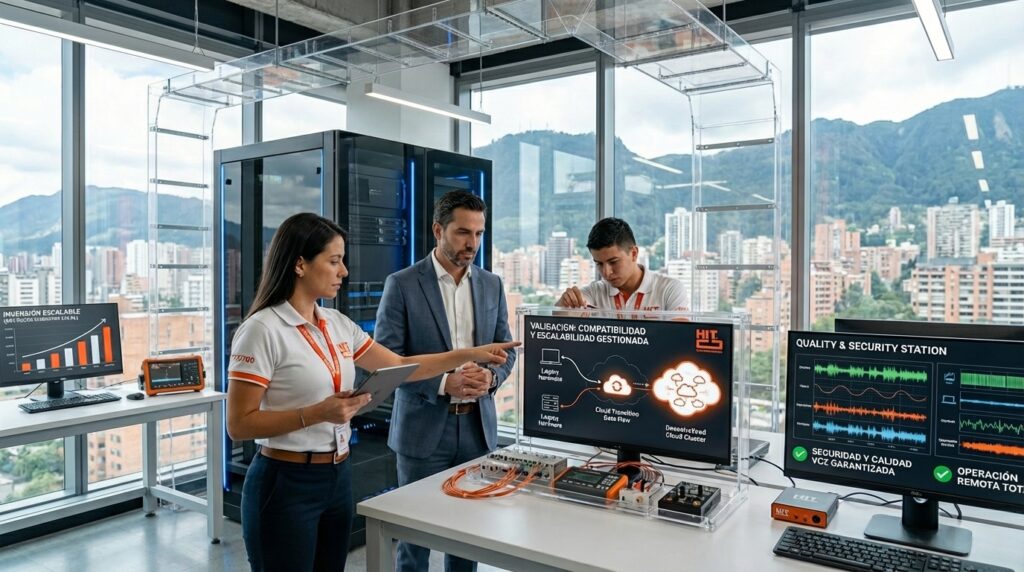 Fotografía ultrarealista en un laboratorio de validación de red de HIT Communications en Bogotá, Colombia. Una arquitecta de red de HIT y un directivo empresarial analizan la compatibilidad de hardware existente y la escalabilidad de la plataforma en la nube. Pantallas transparentes en blanco y naranja #FC5700 visualizan datos de transición fluida, trabajo remoto y calidad de voz garantizada, reflejando el control estratégico que ofrecen las mejores empresas de seguridad informática y telecomunicaciones en el país.