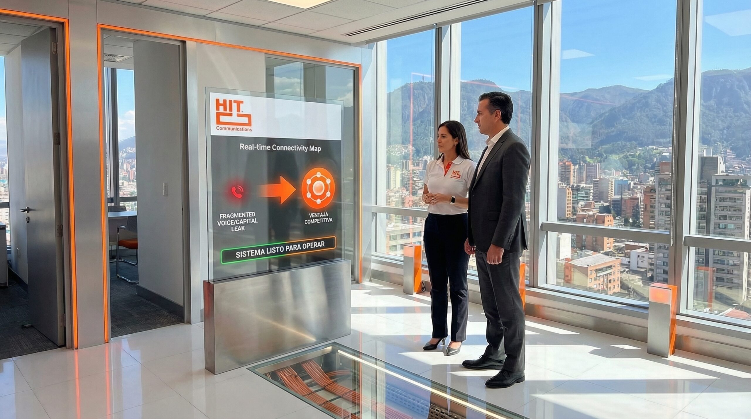 Fotografía ultrarealista de una solución de comunicaciones unificadas de HIT Communications lista para operar en una oficina corporativa en Bogotá. Un director empresarial y una consultora de HIT observan una pantalla transparente que muestra la transición de telefonía aislada a una infraestructura ágil con Microsoft Teams. La imagen destaca los logos de HIT y Teams, proyectando la ventaja competitiva y el control estratégico que ofrecen las mejores empresas de seguridad informática y telecomunicaciones en Colombia.