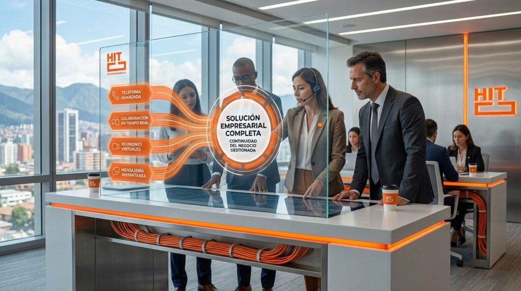 Fotografía ultrarealista de una consultora senior de HIT Communications y líderes corporativos analizando una visualización técnica en un centro de resiliencia moderno en Bogotá. La pantalla interactiva transparente, en blanco y naranja #FC5700, visualiza la consolidación de telefonía avanzada, colaboración en tiempo real, reuniones virtuales y mensajería en una sola plataforma robusta diseñada por HIT. La imagen destaca el logo de HIT Communications, proyectando la continuidad del negocio y el control estratégico que ofrecen las mejores empresas de seguridad informática y telecomunicaciones en Colombia.
