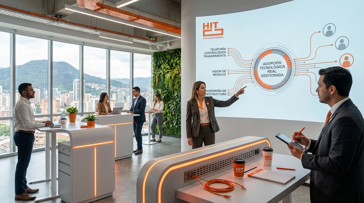Fotografía ultrarealista en un loft de innovación corporativo en Bogotá, donde una socia estratégica de HIT Communications lidera una sesión de adopción tecnológica con líderes empresariales. Una gran pantalla de proyección curva muestra la transformación de la infraestructura telefónica tradicional en una red unificada adoptada por empleados de diferentes niveles. La escena, en blanco y naranja #FC5700, destaca el logo de HIT Communications y la visión de negocio que diferencia a las mejores empresas de seguridad informática y telecomunicaciones en Colombia.