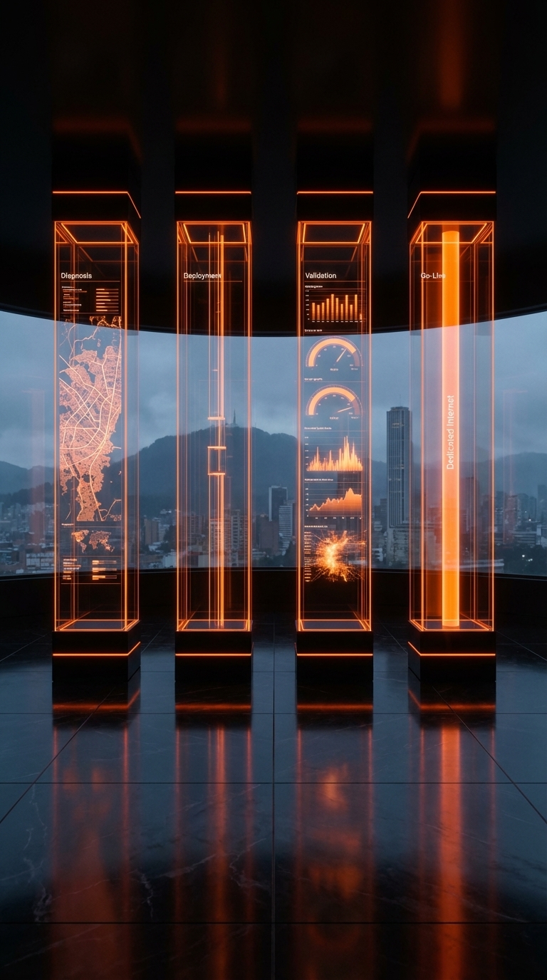 Ingenieros de telecomunicaciones instalando infraestructura de red corporativa en un entorno empresarial en Bogotá, Colombia.