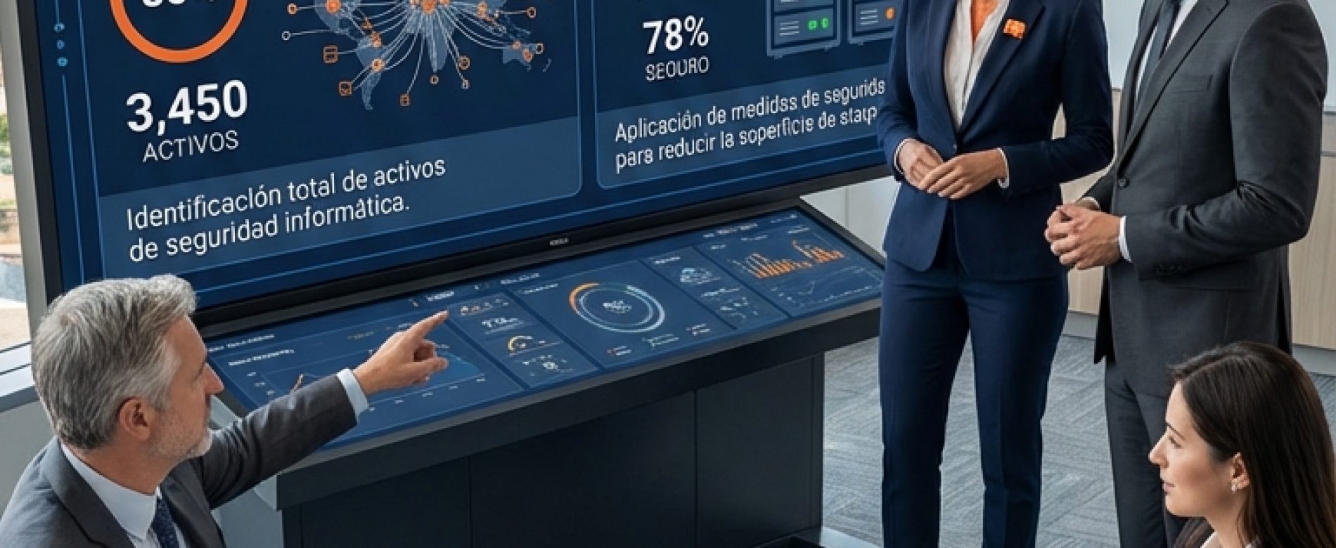 Fotografía ultrarealista de una consultora de HIT Communications y líderes corporativos en Bogotá colaborando en una estrategia de reporting de hallazgos. La escena utiliza colores blanco y naranja #FC5700 en pantallas y documentos, mostrando la madurez operativa y alineación estratégica características de las mejores empresas de seguridad informática.